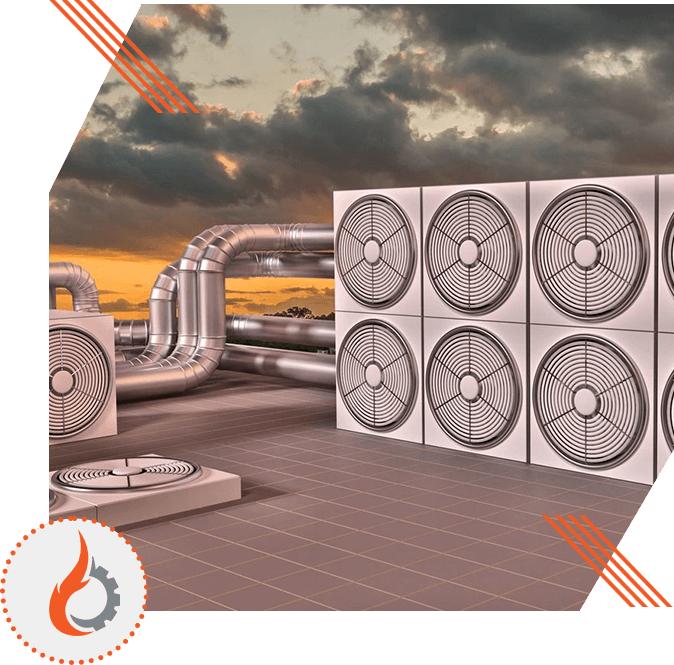 HVAC (Heating, Ventilating, Air Conditioning) Units on Roof at Sun Set. 3d Illustration.